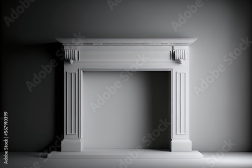 Large traditional fireplace without a fire. Blank walls. Empty mantle piece mockup shelf. . 3D Illustration. Generative AI