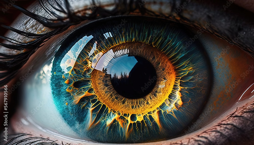 Extreme close-up of a blue yellow orange eye. Digital illustration created with Generative AI.
