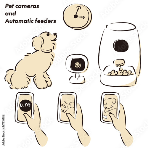 ペットの自動給餌器・犬・スマホ・ペットカメラのイラストセット