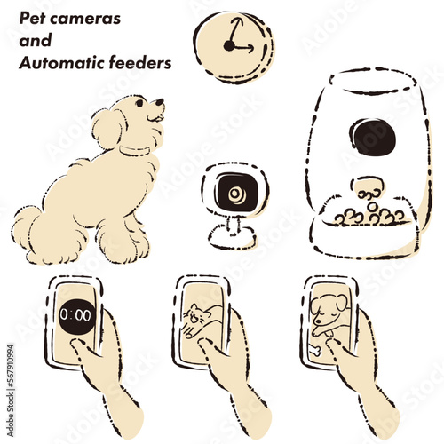 ペットの自動給餌器・犬・スマホ・ペットカメラのイラストセット