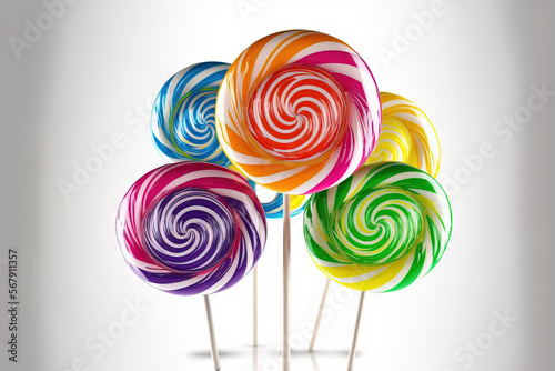 Spiral lollipops in various colors on a white background. Generative AI