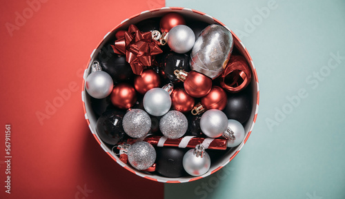 christmas balls and decorations. Dece,ber. Christmas. Holidays. Gifts. Table. Photo. Background. Happy. Celebration. Toy photo