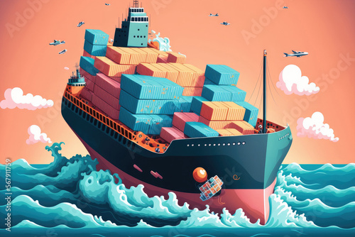 A sizable container ship at sea carrying a variety of container brands Full of containers and cargo, the ULCV container ship is sailing on open water. Generative AI photo