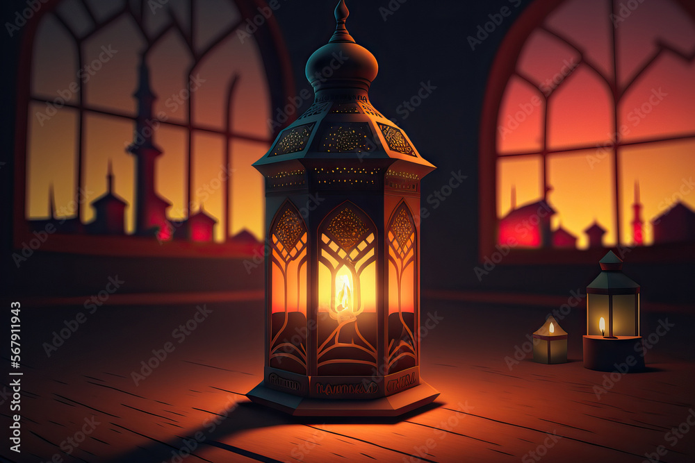 Fototapeta premium Cartoon Ramadan Lantern. Generative AI