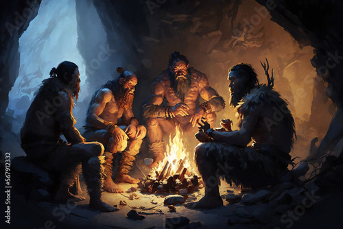 Cave men around the fire - Created with Generative AI technology. 