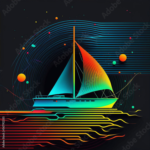 Neon colorful rainbow boat at night with stars moons and planets, generative ai