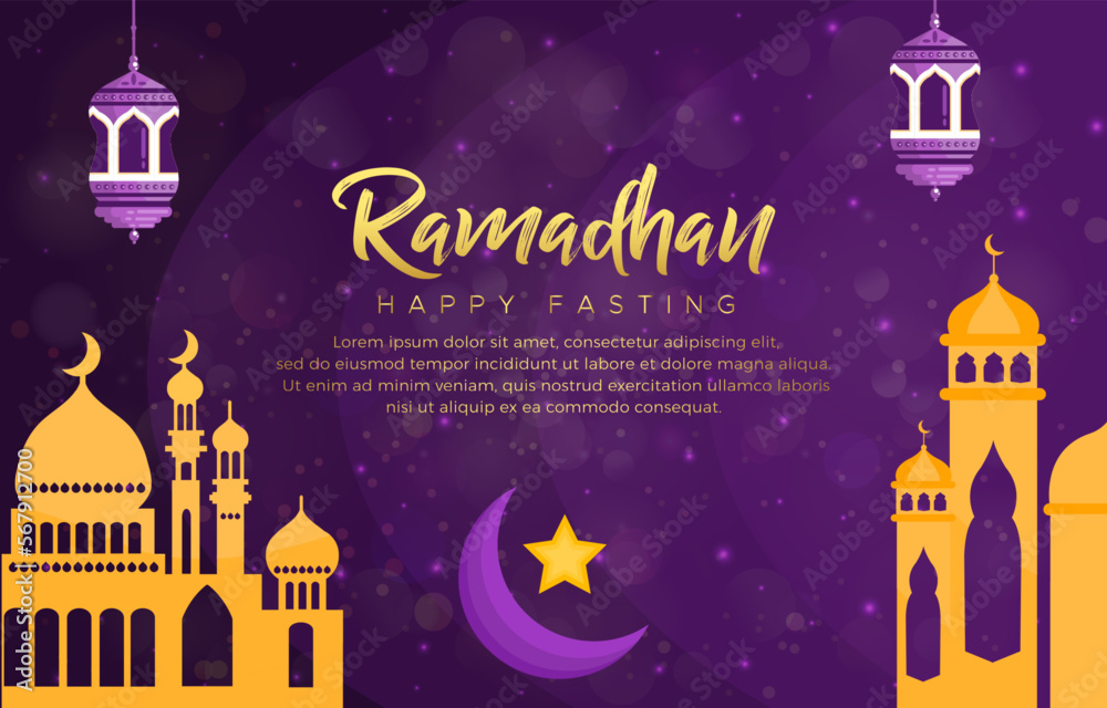 happy ramadan kareem 2023 with beautiful shiny luxury islamic ornament and abstract gradient blue and purple background design