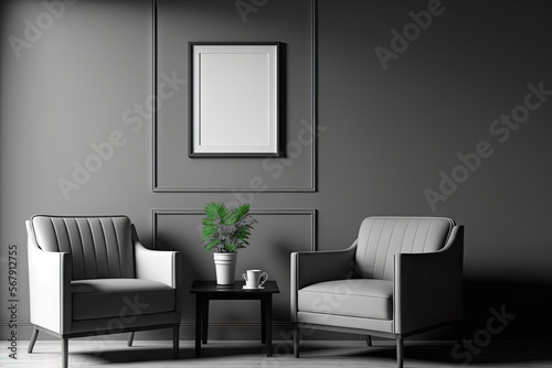 Two armchairs and coffee table in plain monochrome grey color. Monochrome with copy space. for picture frame backgrounds, minimal, seasonal work poster, banner. Single color interior. Generative AI © AkuAku