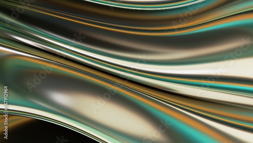 Green and gold mirrored metal surface Abstract, dramatic, modern, luxurious and exclusive 3D rendering graphic design element background material.