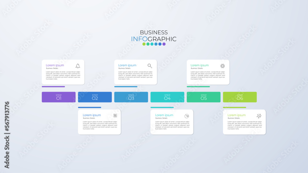 Infographic design template can be used for presentation, banner, graphic, business flow and diagram. Modern flat Timeline template with 6 option, parts, step for process. Abstract template. Infographic design template can be used for presentation, banner, graphic, business flow and diagram. Modern flat Timeline template with 6 option, parts, step for process. Abstract template.