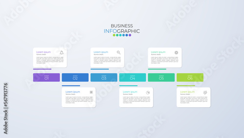 Infographic design template can be used for presentation, banner, graphic, business flow and diagram. Modern flat Timeline template with 6 option, parts, step for process. Abstract template.