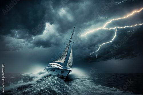 Yacht sailing in a storm with lightning and thunder. Generative AI photo