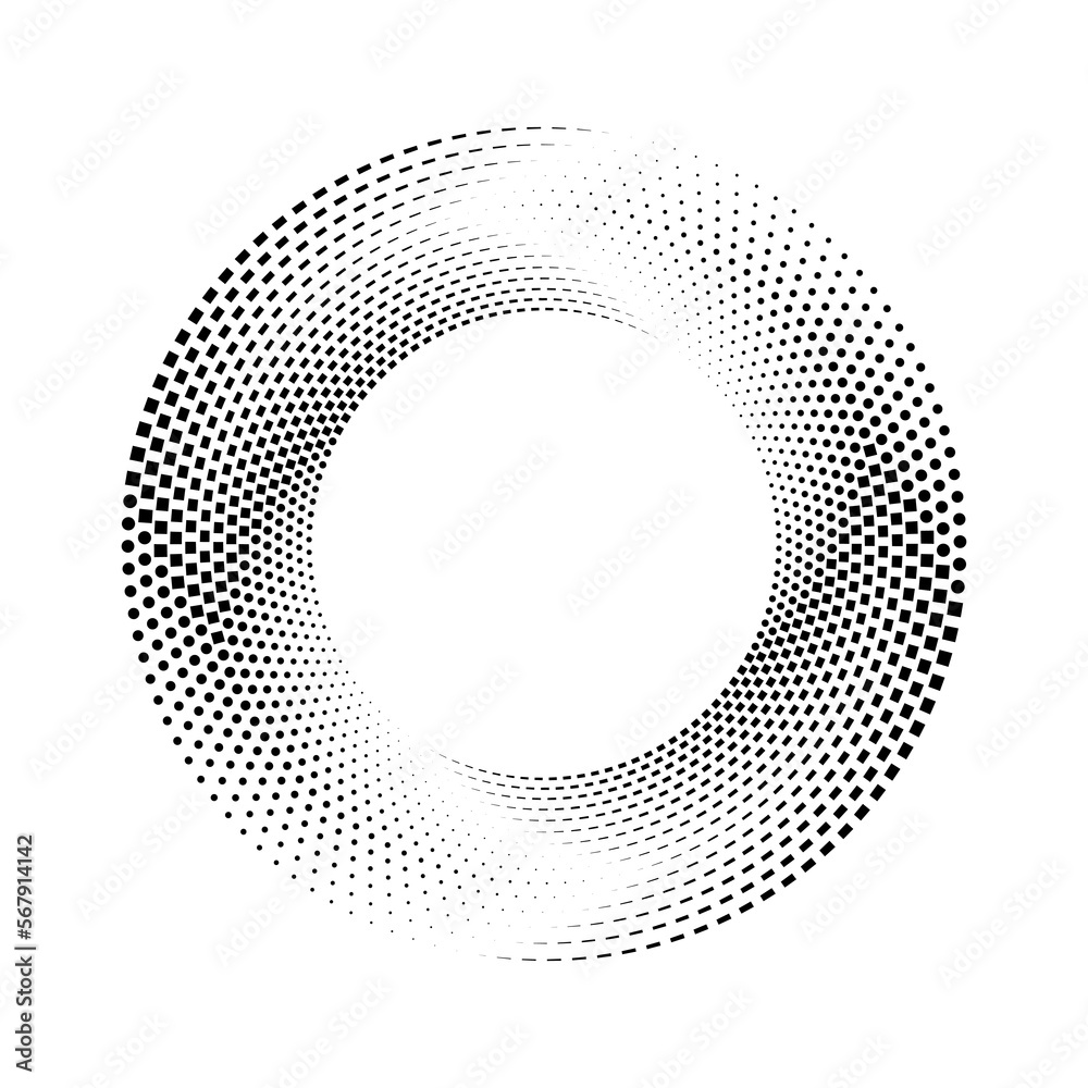 Black vector squares and dots in circle form. Segmented circle. Helix. Geometric art. Circular shape. Trendy design element for border frame, round logo, tattoo, sign, symbol, web pages, print