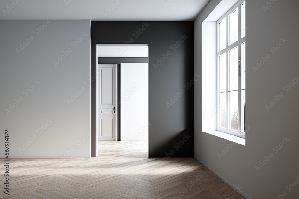 White walls and a light wooden floor may be seen inside a vacant room. Mock up of a concept for a refurbishment and a fresh start. Generative AI White walls and a light wooden floor may be seen inside a vacant room. Mock up of a concept for a refurbishment and a fresh start. Generative AI