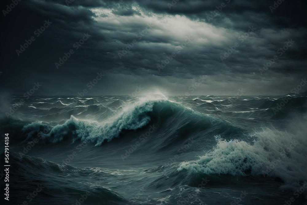 Beautiful backdrop picture of a stormy ocean with choppy waves and danger. cloudy with a dark sky. electronic art. Generative AI - obrazy, fototapety, plakaty 