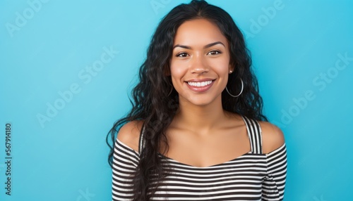 Smiling attractive hispanic young woman looking at the camera. Generative AI