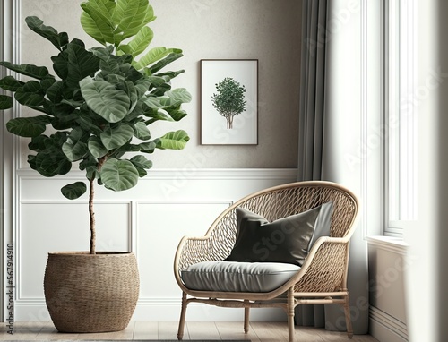Interior mock up of living room with white wall, gray velvet armchair, and fiddle leaf tree in wicker basket. Generative AI