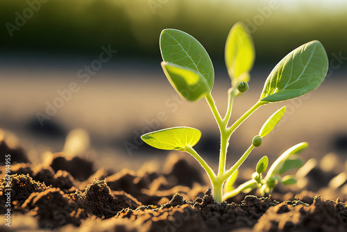 First tender soybean sprouts in a wide open field, close up. Plants used for farming. As it spreads toward the sun, the soybean plant. Generative AI photo