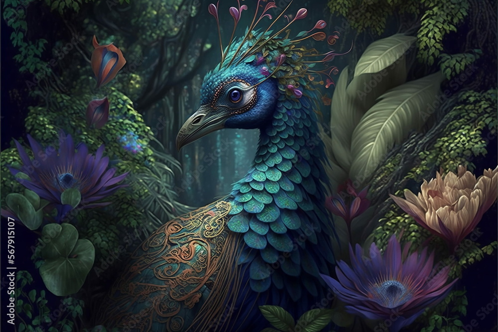 Obraz premium Bright-coloured peakcock in tropical rainforest with leaves flowers intricate detailed illustration wallpaper AI