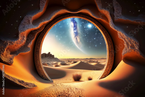 Mystical portal in the desert with dunes, milky way in the sky. Generative AI