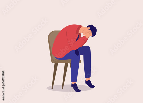 Stressful Businessman In Shirt And Tie Sitting On A Chair With Both Hands Covering His Face. Full Length. Flat Design Style, Character, Cartoon.