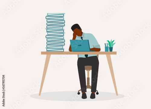 One Stressful Young Black Man Employee Having Headache While Working On Laptop With Huge Pile Of Paperwork On His Desk. Full Length. Flat Design Style, Character, Cartoon.