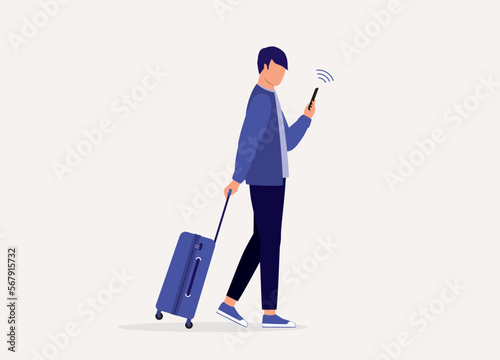 Side View Of One Man Pulling His Luggage Bag While Looking At His Mobile Phone. Full Length. Flat Design Style, Character, Cartoon.