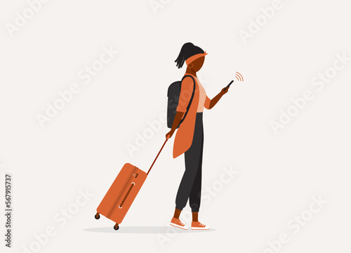 Side View Of One Black Woman Pulling Her Luggage Bag While Looking At Her Mobile Phone. Full Length. Flat Design Style, Character, Cartoon.