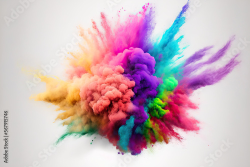 On a white background, an abstract eruption of colourful powder. Bright dust explodes. Holi powder festival with paint. Generative AI