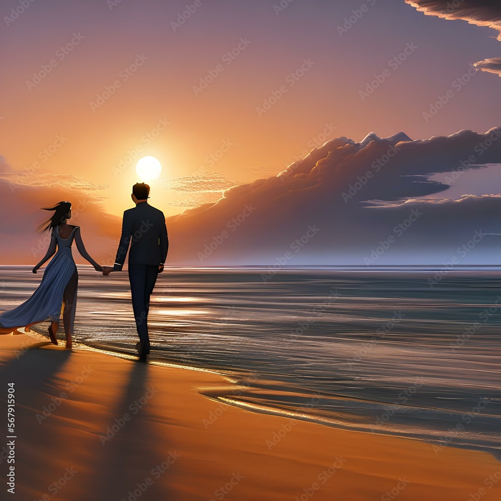 A couple taking a walk along a beach at sunset2, Generative AI