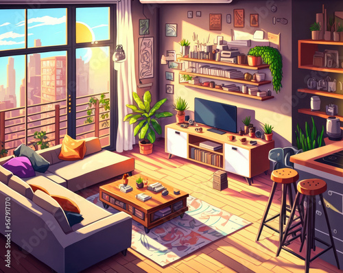 cozy apartment with open space kitchen, living room and rooftop patio with pallet lounge area. Generative AI