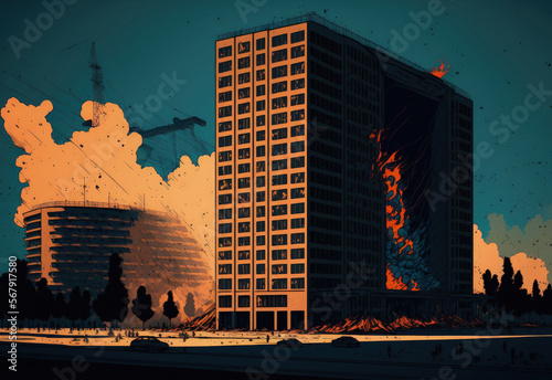 Warsaw, Poland. 7 June 2019. A fire at the Warsaw Hub construction site. Fire in a high rise building. Generative AI photo