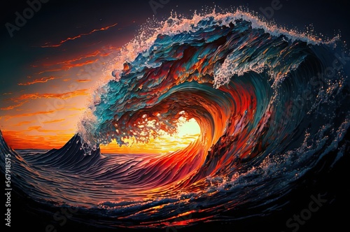 Sea water ocean wave at sunset. Generative AI