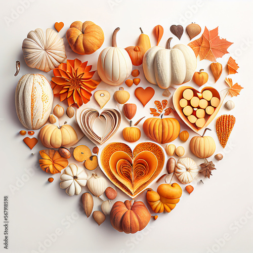 Group of pumpkins be arrange in heart shape on white background. Healthy love food. Vegan lover.