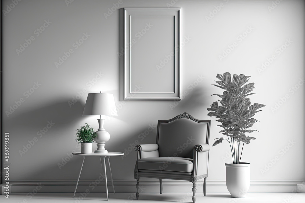 Interior of the room in plain monochrome light gray color with chair. Light background with copy space. single chair, floor lamp and decorative vases. Light background with photo frame 3d. Generative Interior of the room in plain monochrome light gray color with chair. Light background with copy space. single chair, floor lamp and decorative vases. Light background with photo frame 3d. Generative