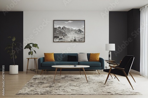Luxurious Cozy Moody Midcentury Modern Loft Interior Living room with black accent wall Made with Generative Ai