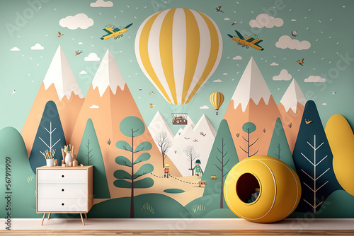 Illustration of a mountain, an airplane, a balloon, and children in color in the Scandinavian style. Kids' wall coverings. Mountain view, kids' room layout, and wall art. Generative AI