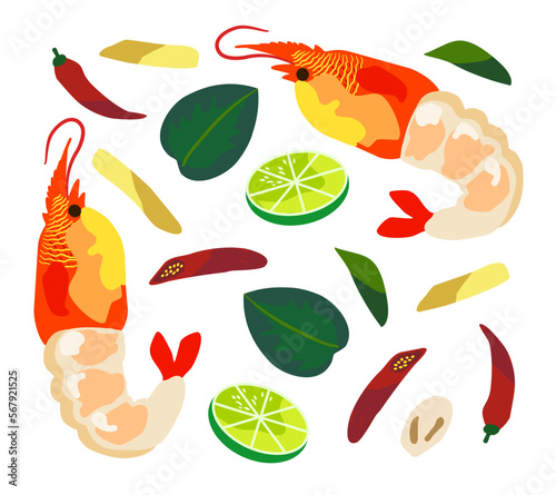 Tom yum Goong Thai cuisine ingredients vector set