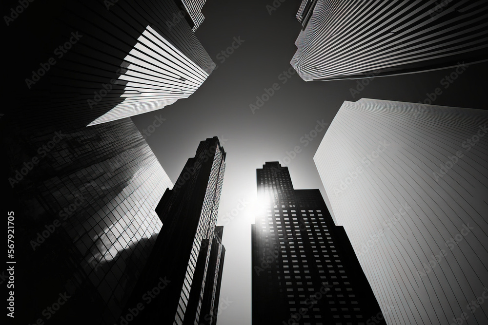 Modern towers in the financial center seen from the bottom against the sky. looking up at downtown commercial structures. Sun rising over the horizon. White and black. Generative AI