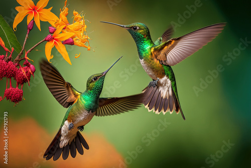 Two feeding birds in a natural habitat, Montezuma, Colombia White tailed Hillstar, Urochroa bougueri, two hummingbirds in flight by the ping flower, green and yellow background. Generative AI