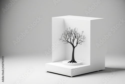 Product Stand, a white room with a tree, a minimalistic design. Generative AI