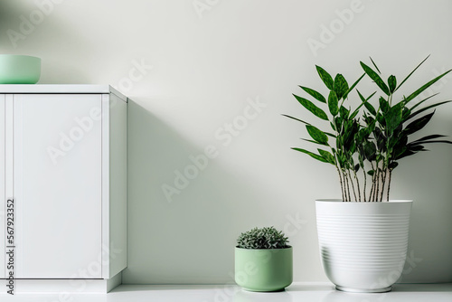 Background of green interior design with copy space, foreground of white wall with potted plant, and minimalist white kitchen. Generative AI