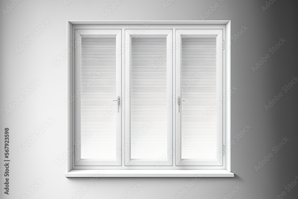 With an open blind, a realistic triple plastic window. window with white roller shutter. Mockup template for large open windows used in interior design. Generative AI