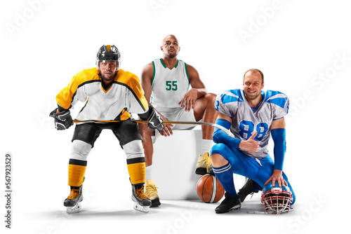 Sport collage. Hockey, basketball, american football. Professional athletes. Isolated in white