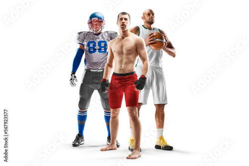 Sport collage. MMA, american football, basketball. Professional athletes. Isolated in white