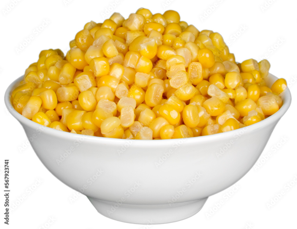 Sweet yellow corn in white bowl isolated on white background Sweet yellow corn in white bowl isolated on white background