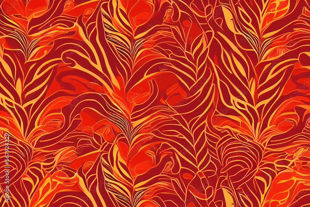 Fototapeta premium An abstract design featuring a red and orange gradient, with golden, organic looking vines and stems