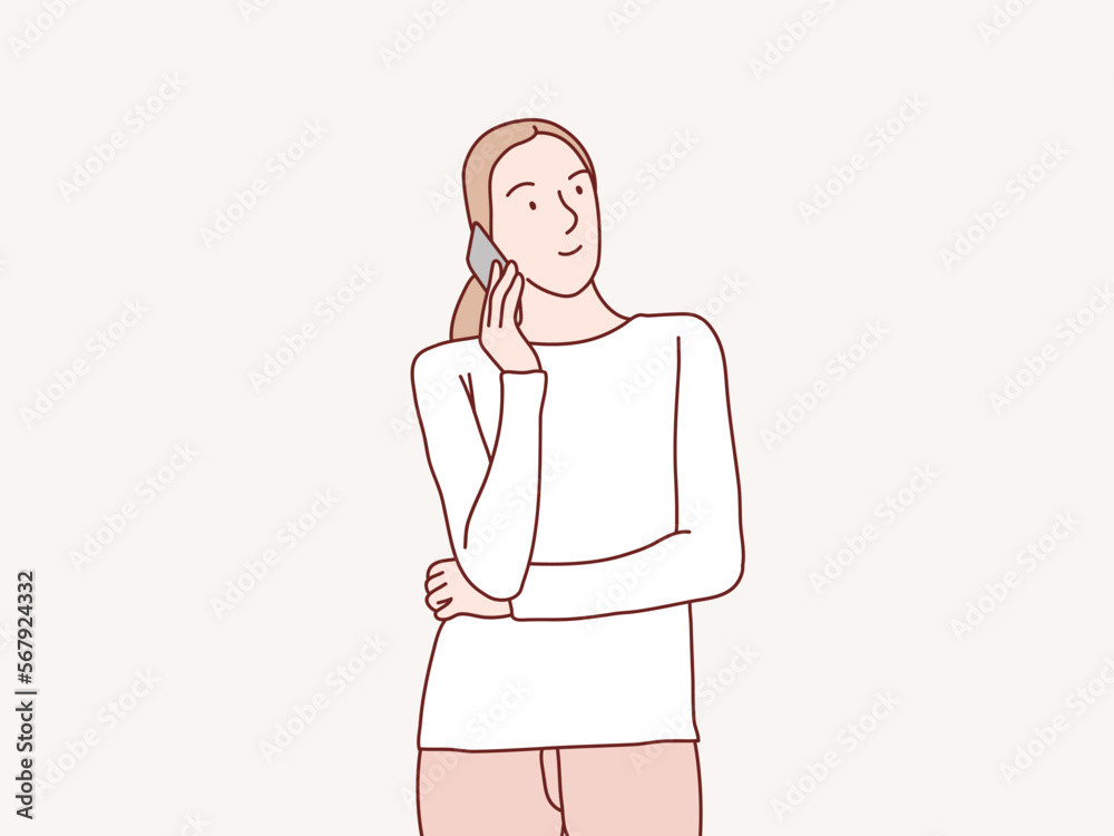 Smiling standing woman talking by mobile phone simple korean style illustration Smiling standing woman talking by mobile phone simple korean style illustration