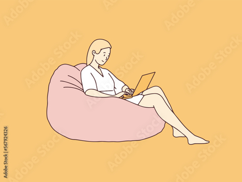 Relaxed woman with laptop sitting on bean bag simple korean style illustration