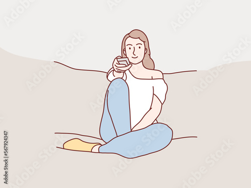 Smiling young woman sitting watching tv holding remote control on sofa simple korean style illustration
